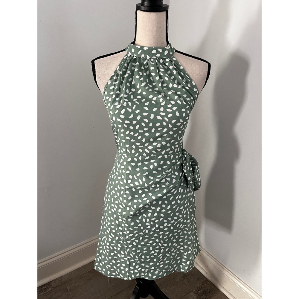Halter Neck Mini Dress XS Sage Green Polka Dot Minimalist Chic Coastal Boho Airy